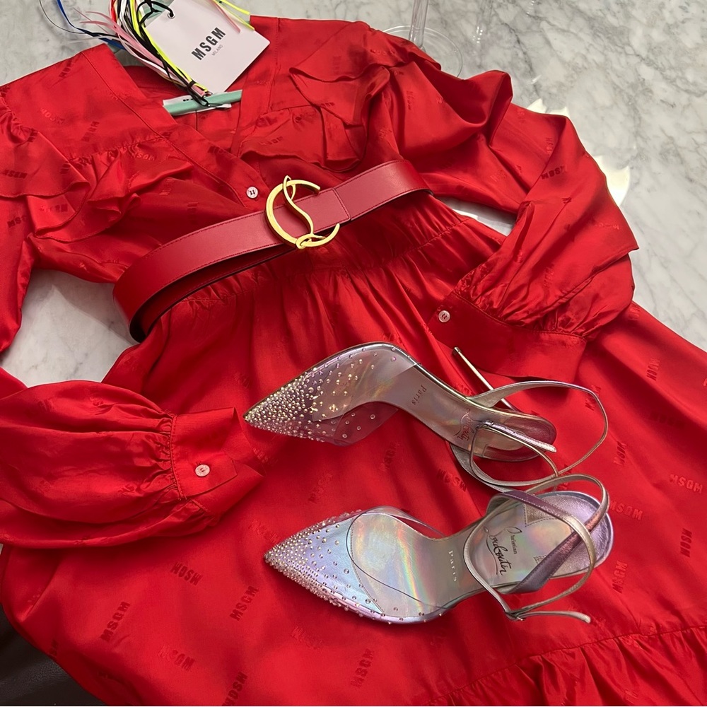 NWT❤️MSGM ❤️Red ALL OVER MSGM LOGO satin ruffle button dress